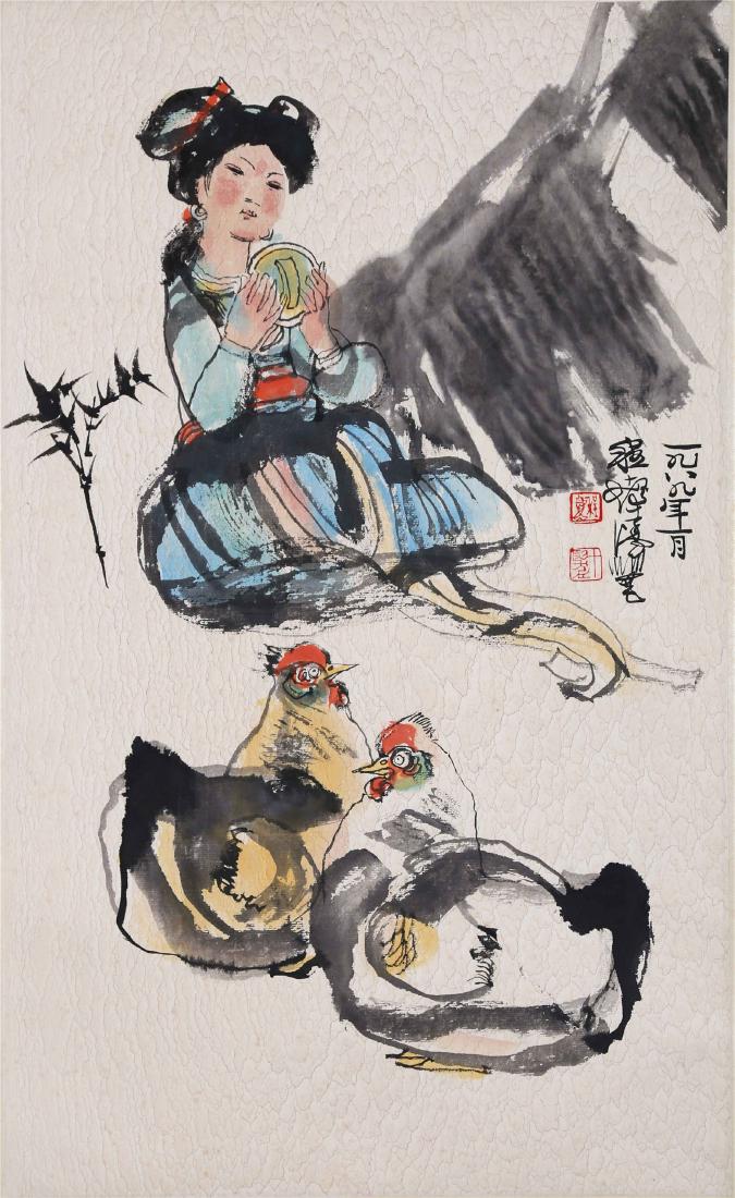 CHINESE SCROLL PAINTING OF GIRL AND CHICKEN (1 of 4)