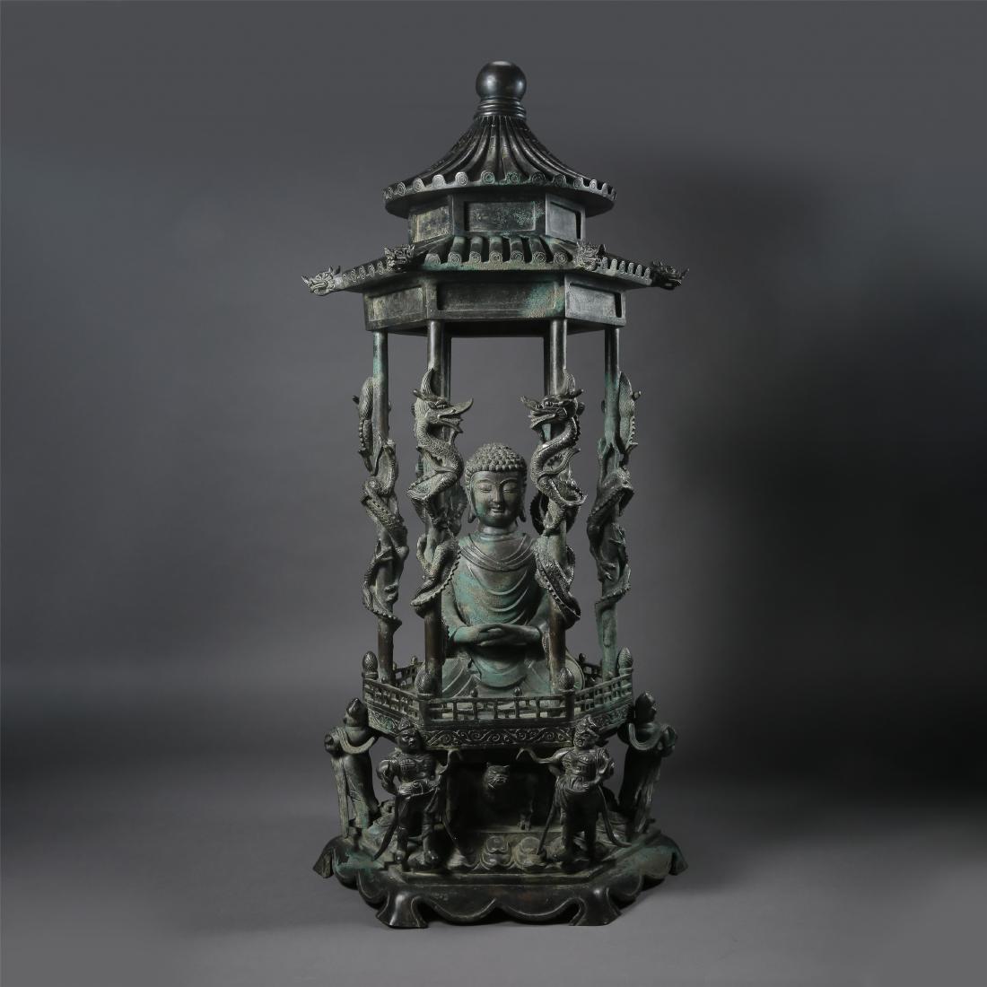 CHINESE ANCIENT BRONZE SEATED BUDDHA IN PAVILLION (1 of 10)