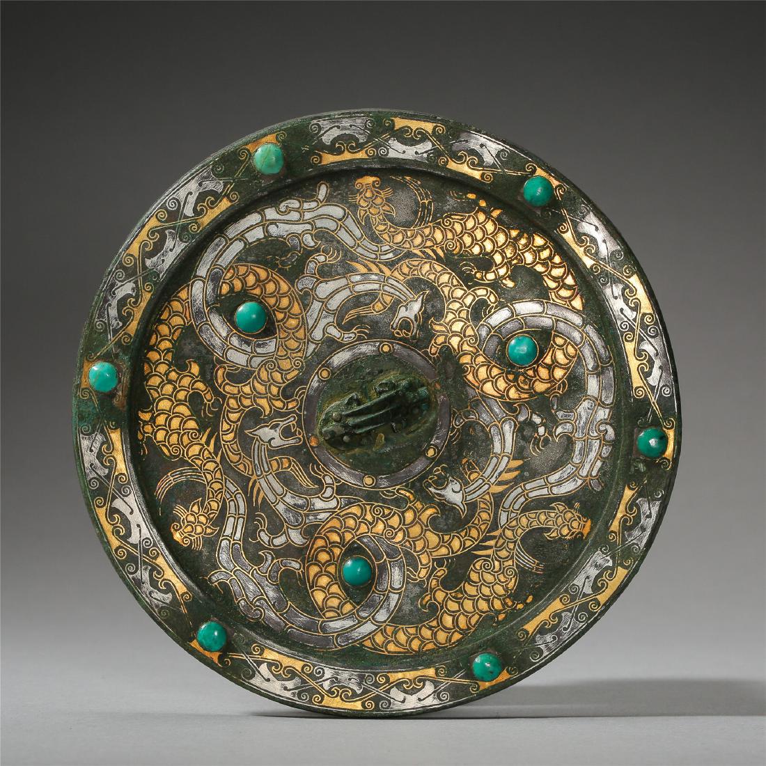 CHINESE TURQUOISE SILVER GOLD INLAID DRAGON ROUND (1 of 10)