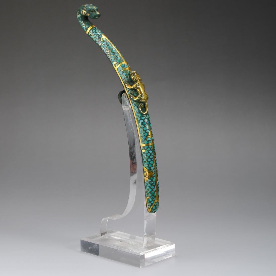 CHINESE GOLD TURQUOISE INLAID BRONZE DRAGON BELT HOOK (1 of 10)