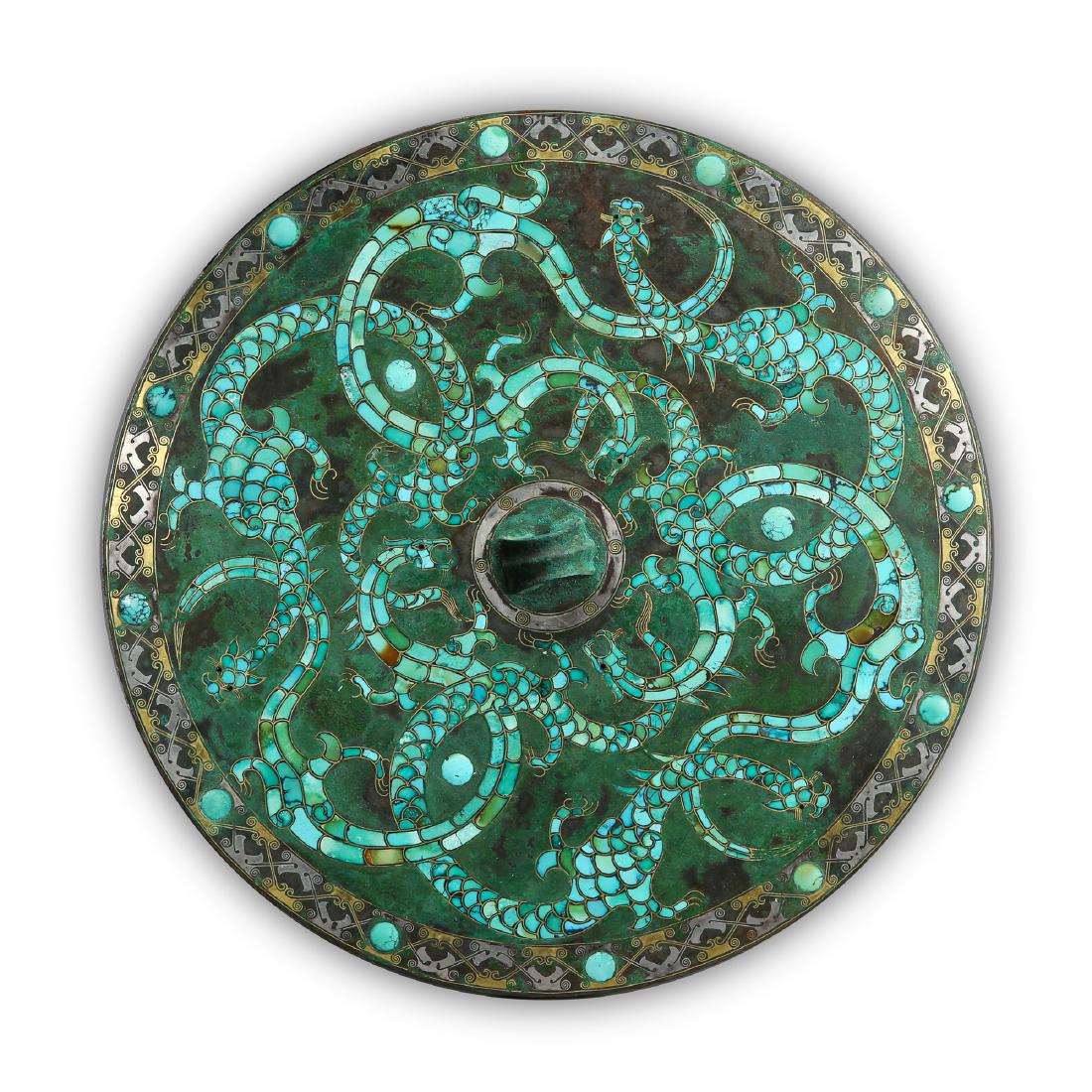 CHINESE TURQUOISE INLAID BRONZE DRAGON MIRROR (1 of 8)