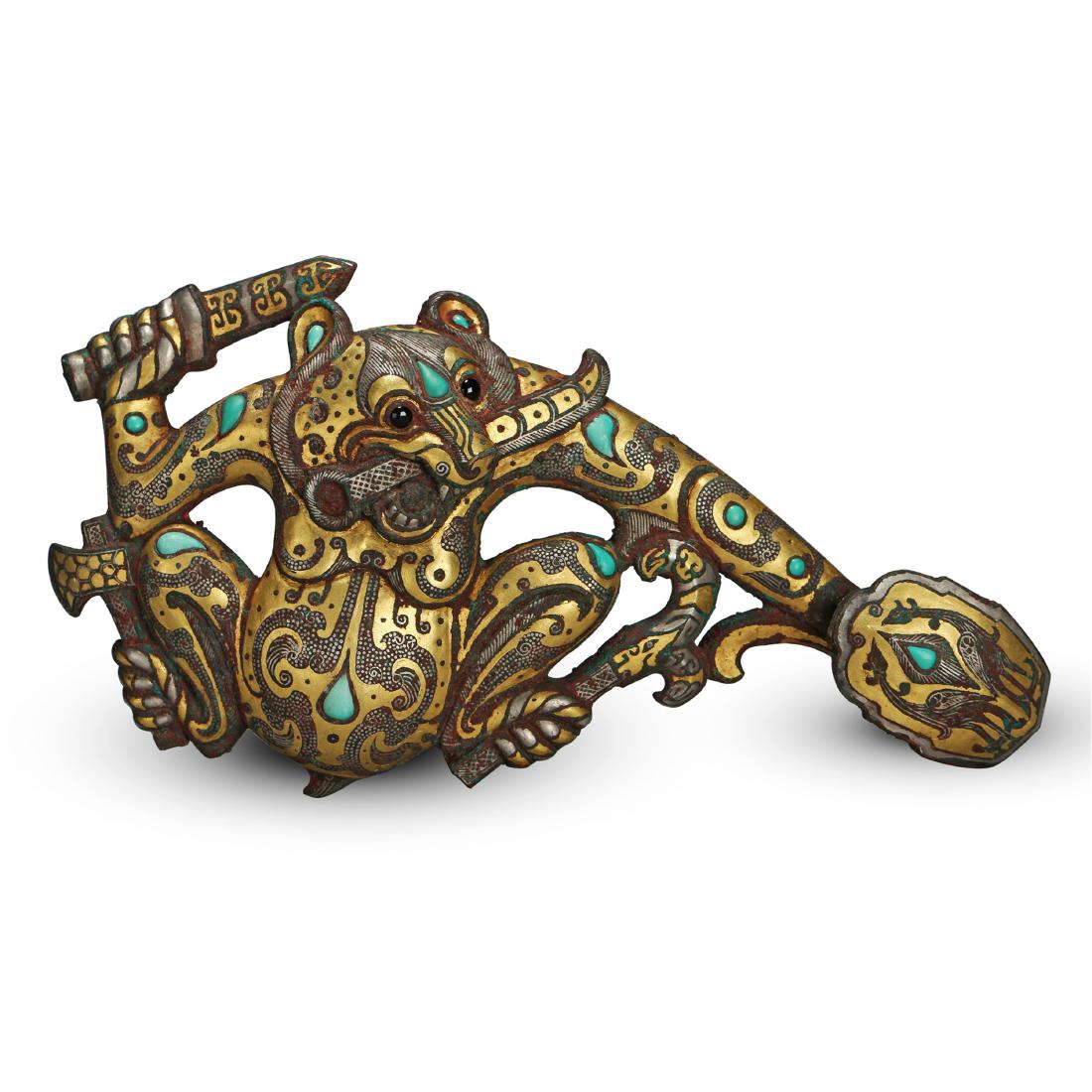 CHINESE TURQUOISE GOLD INLAID BRONZE BEAR BELT HOOK (1 of 10)