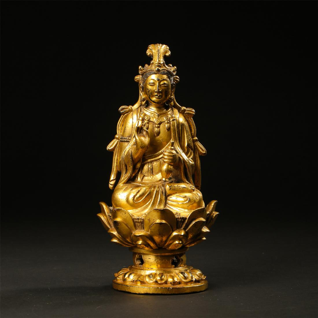 CHINESE GILT BRONZE SEATED GUANYIN ON LOTUS STAND (1 of 10)