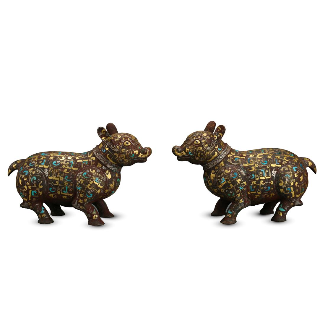 PAIR OF CHINESE TURQUOISE SILVER GOLD INLAID BRONZE (1 of 14)