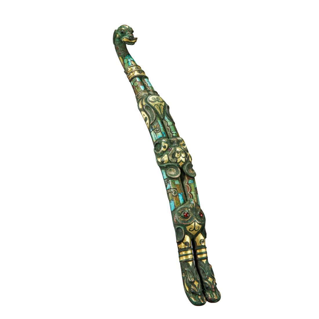 CHINESE TURQUOISE SILVER GOLD INLAID BRONZE DRAGON BELT (1 of 10)