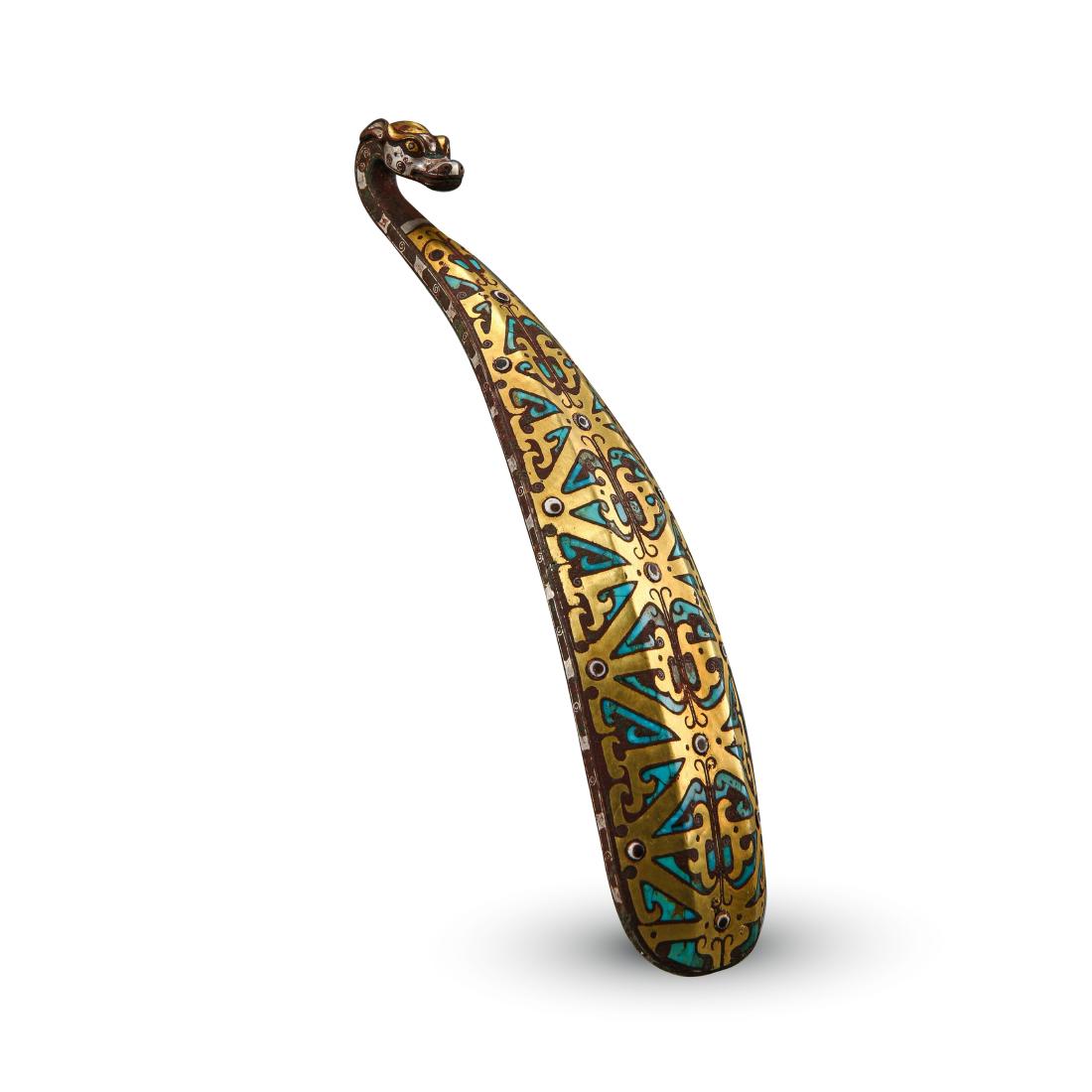 CHINESE TURQUOISE SILVER GOLD INLAID BRONZE DRAGON BELT (1 of 8)