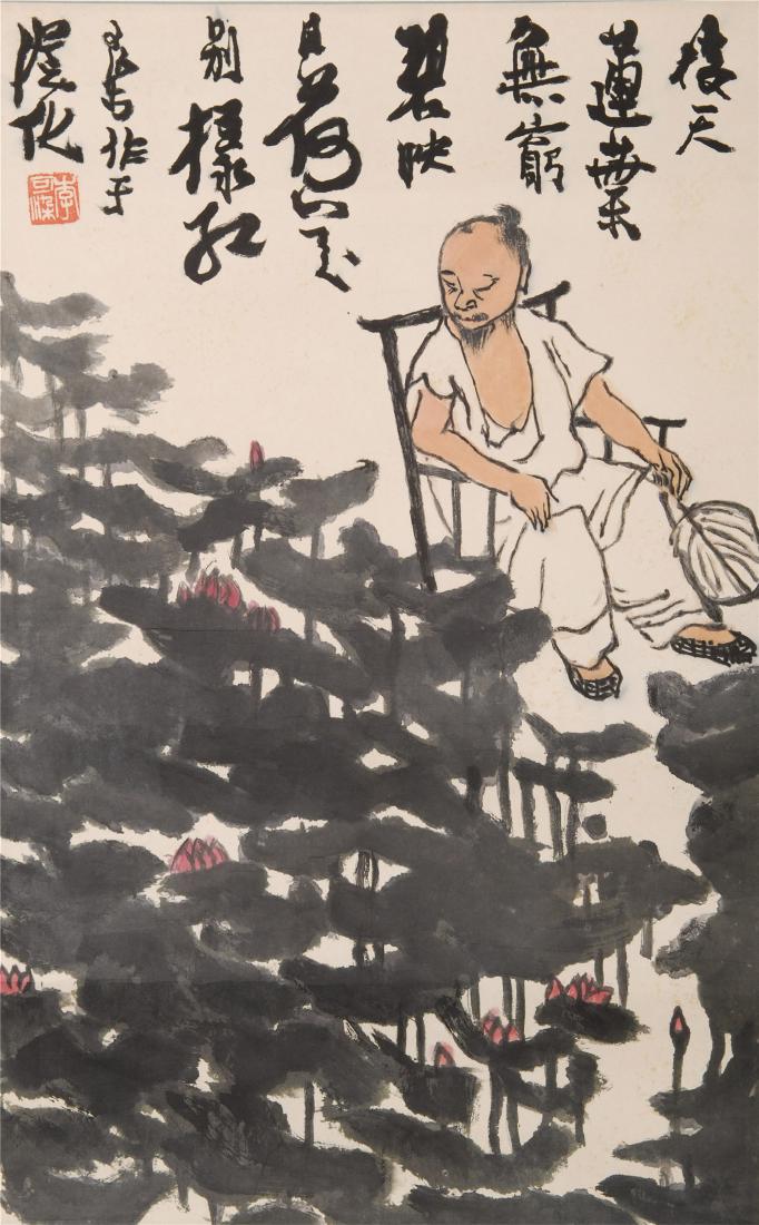 CHINESE SCROLL PAINTING OF MAN BY LOTUS (1 of 4)