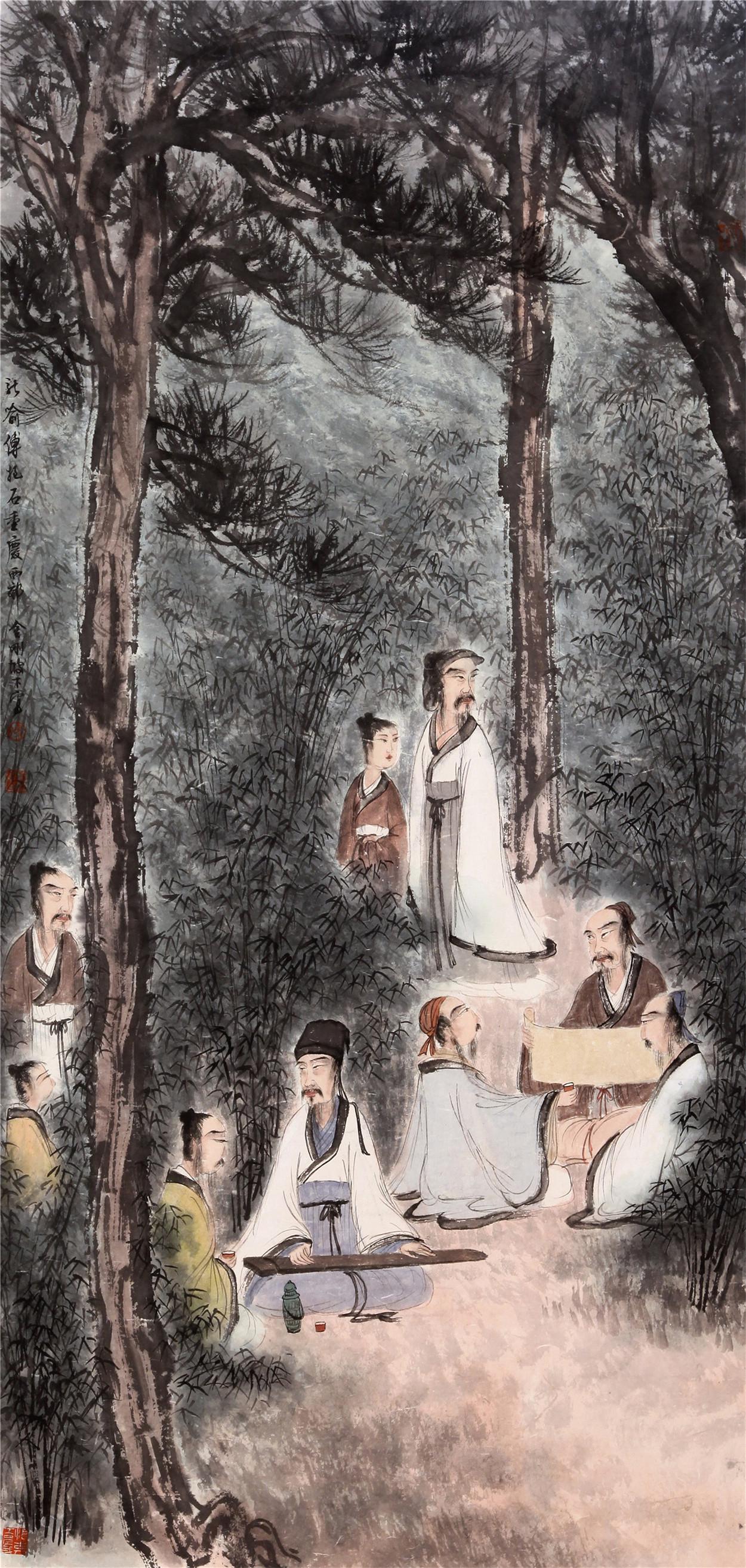 CHINESE SCROLL PAINTING OF MEN IN WOOD (1 of 7)
