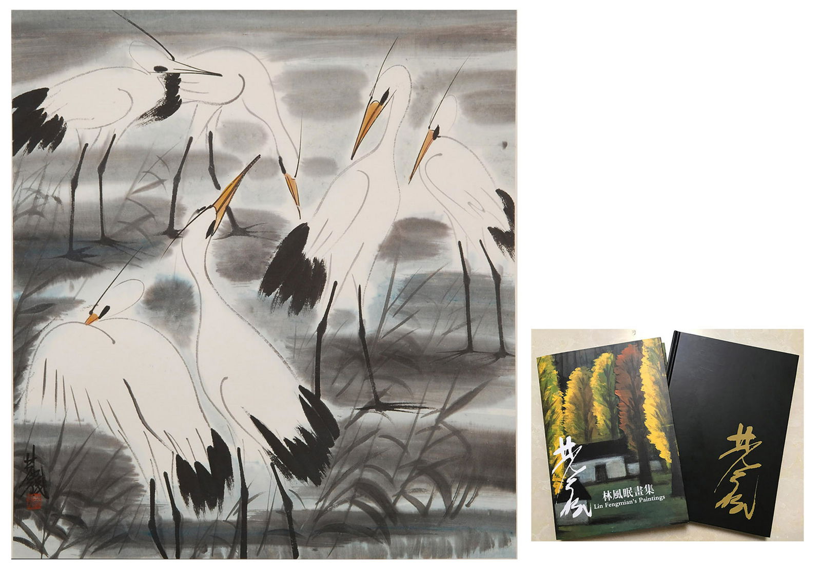 CHINESE SCROLL PAINTING OF CRANE BY RIVER WITH (1 of 9)