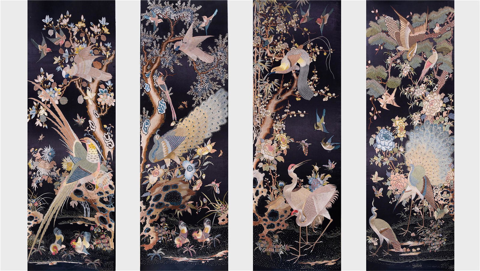 FOUR PANELS OF CHINESE EMBROIDERY TAPESTRY OF BIRD AND (1 of 9)