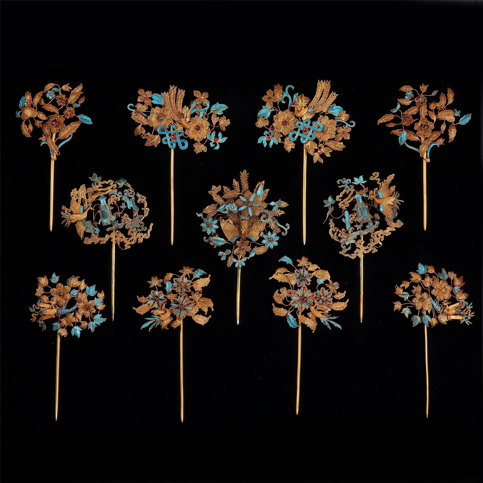 ELEVEEN CHINESE GITL SILVER KINGFISHER FEATHER DECOR (1 of 13)