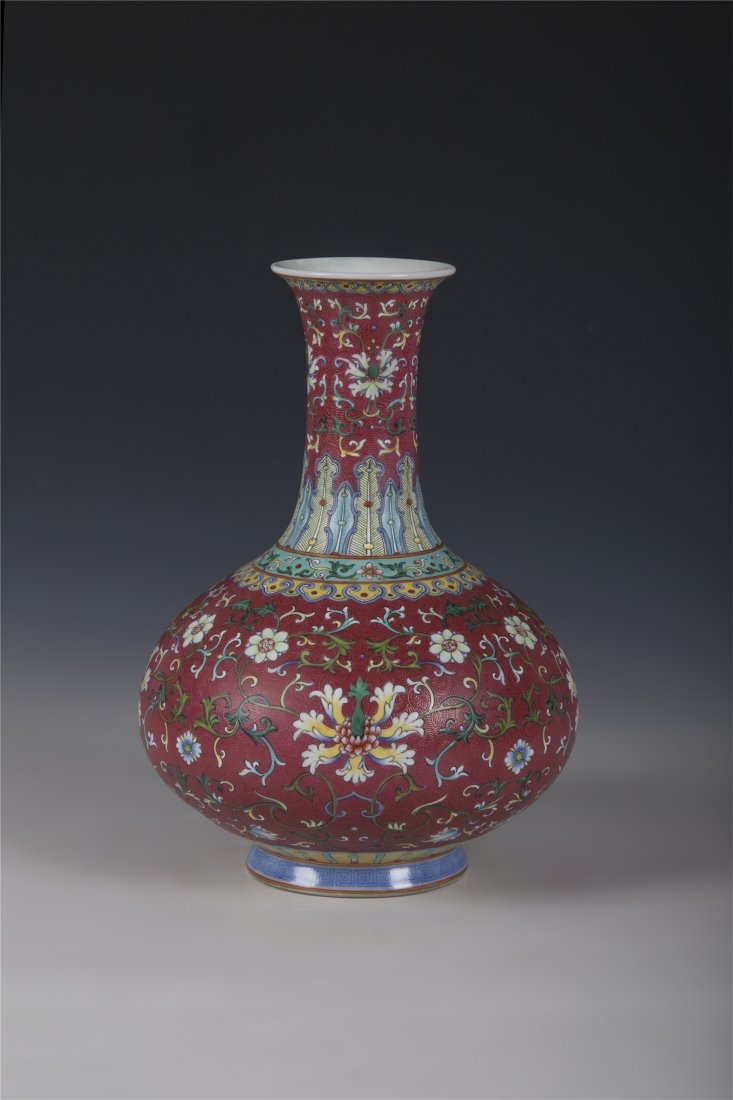 CHINESE PORCELAIN FAMILLE ROSE ON RED GLAZED VASE (1 of 3)