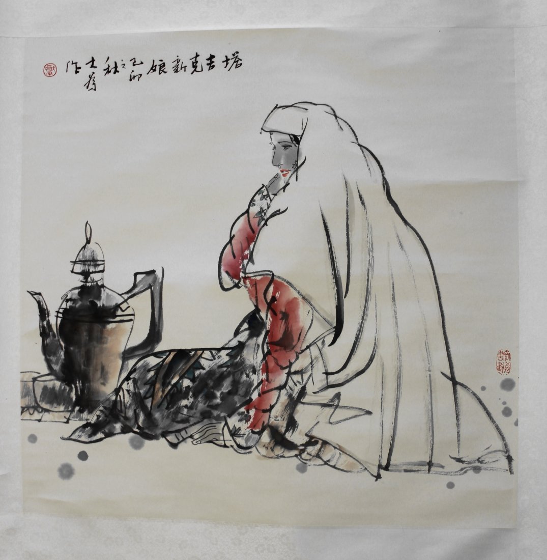CHINESE PAINTING OF A GIRL BY LIU DAWEI: Chinese Painting of a Girl on paper. Signed by Liu Dawei. L. 26 in. W. 26 in. From a Hong Kong art collection. SHIPPING: Shipped as scrolled painting. $45 for 48 states delivery and $100 oversea shipp