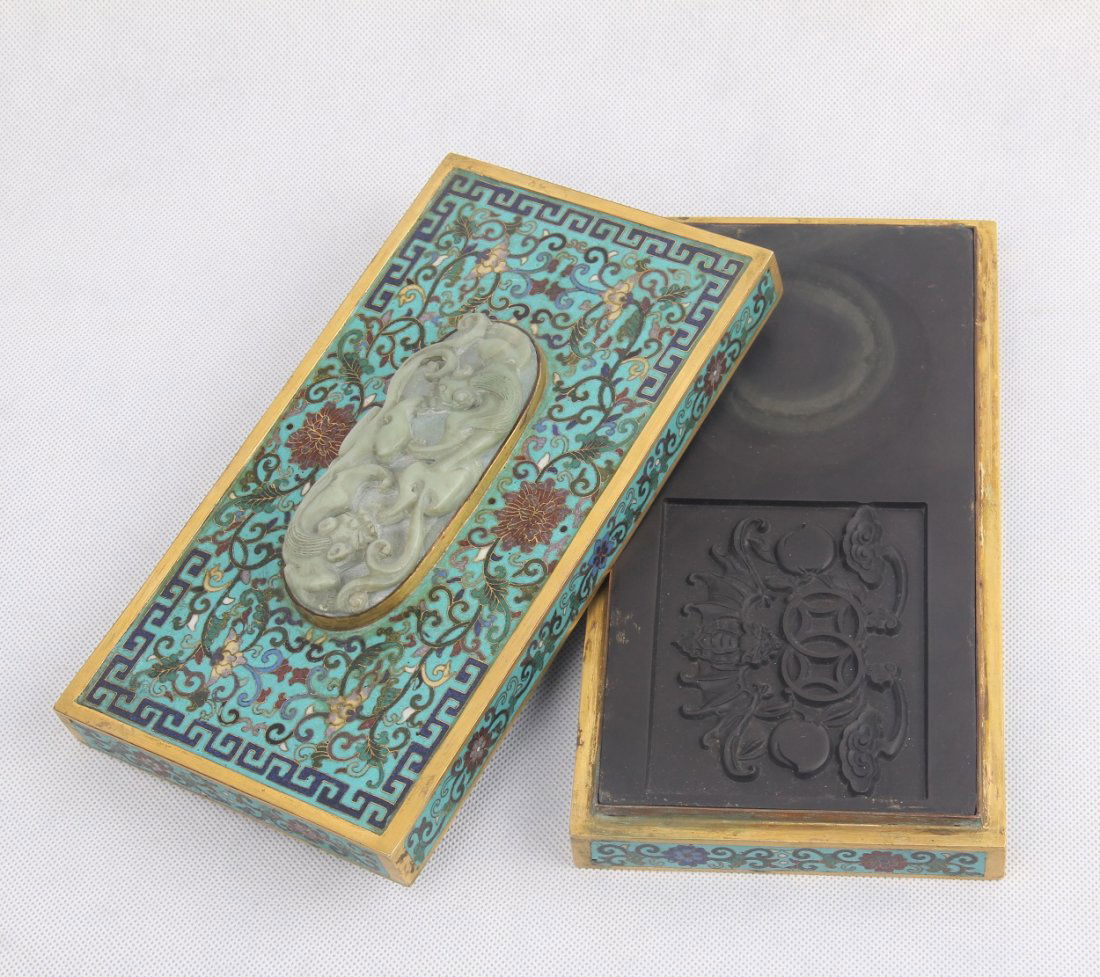 CHINESE CLOISONNE JADE INLAID INKSTONE BOX (1 of 7)