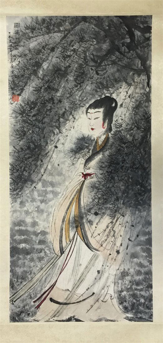 CHINESE SCROLL PAINTING OF LADY IN WOODS (1 of 5)