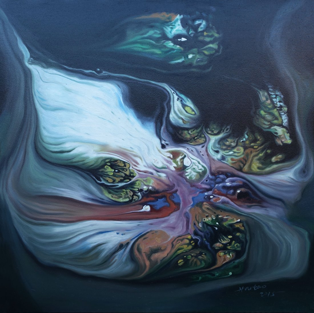 CHINESE CONTEMPERORY OIL PAINTING BY HAI TAO: CHINESE CONTEMPERORY OIL PAINTING BY HAI TAO. Title: Mind Impression. No. 1501. Size 80 cm by 80 cm. Oil painting on convas. Directly acquired from artist himself.