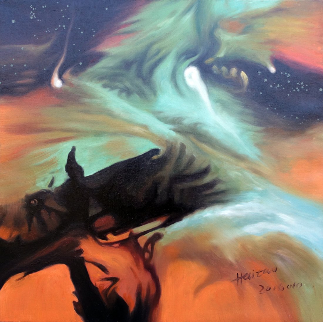 CHINESE CONTEMPERORY OIL PAINTING BY HAI TAO: CHINESE CONTEMPERORY OIL PAINTING BY HAI TAO. Title: Mind Impression. No. 1610. Size 68 cm by 68 cm. Oil Painting on convas. Directly acquired from artist himself.