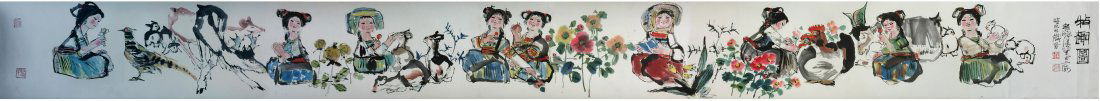 CHINESE HAND SCROLL PAINTING OF GIRLS AND ANIMALS (1 of 6)