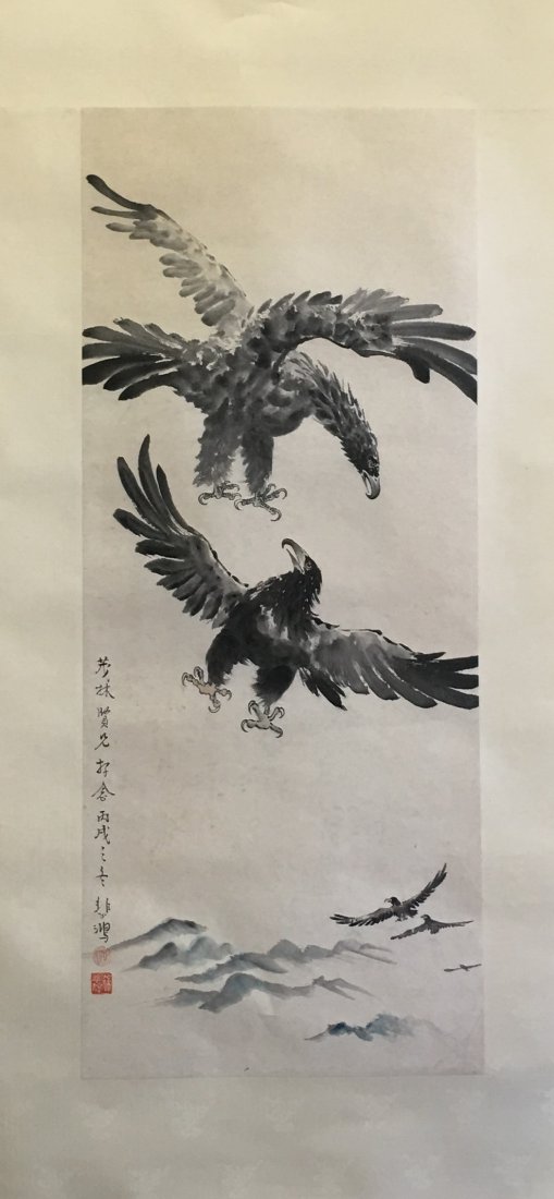 CHINESE SCROLL PAINTING OF TWO EAGLES (1 of 4)
