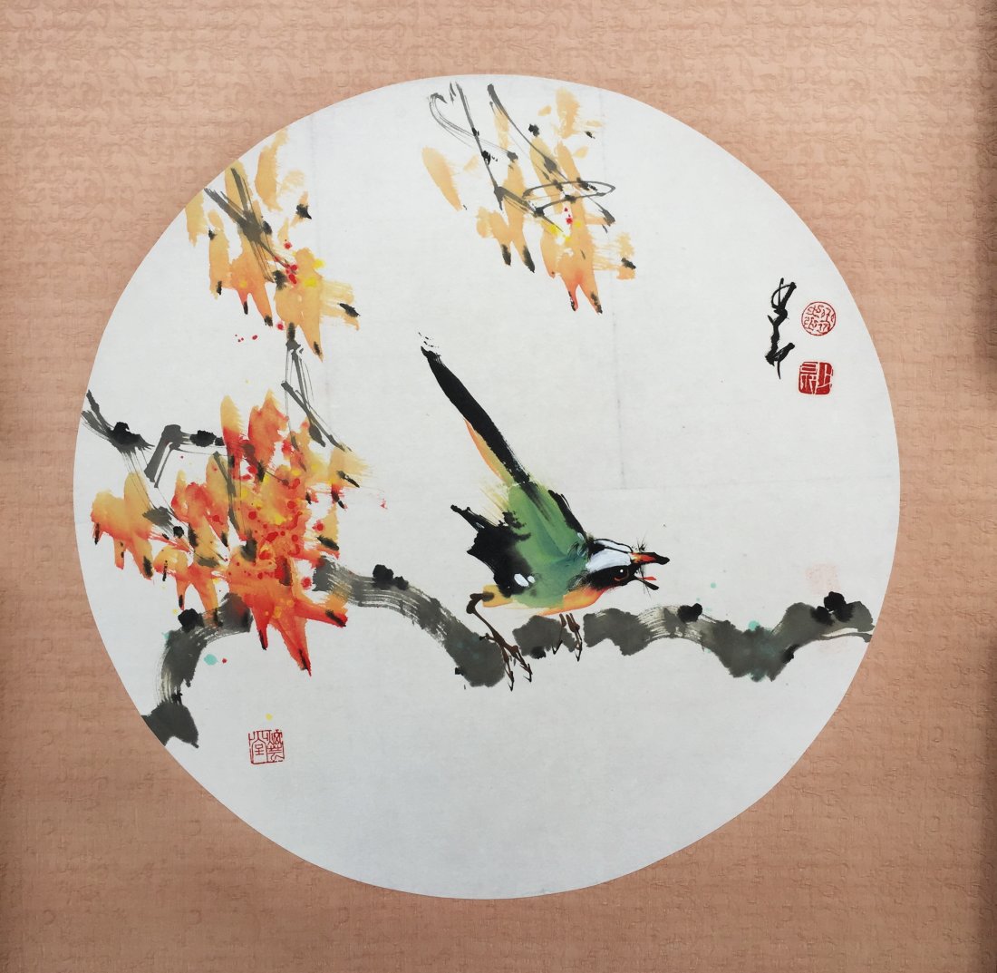 CHINESE ROUND FAN PAINTING OF BIRD (1 of 4)