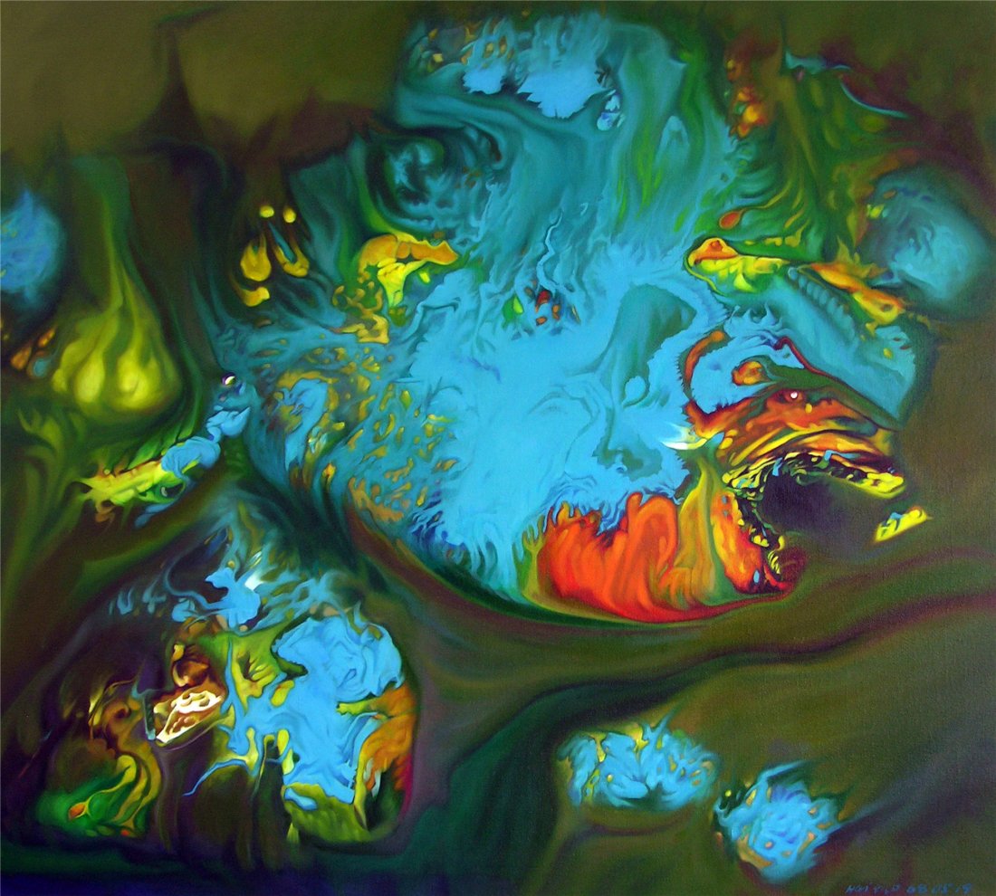 CHINESE CONTEMPERORY ART OIL ABSTRACT BY HAI TAO: CHINESE COMPEMPORARY ART OIL ABSTRACT BY HAI TAO. Title: Invented Passion, blue movement. Size 200 cm by 180 cm. From artist himself.