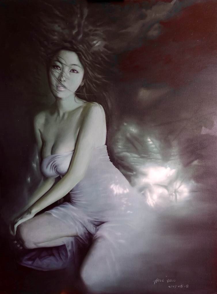 CHINESE COMTEMPORARY OIL PAINTING ON CONVASE BY HAI TAO: CHINESE COMTEMPORARY OIL PAINTING ON CONVASE BY HAI TAO. Image size 200 cm by 150 cm. Acquired directly from artist.