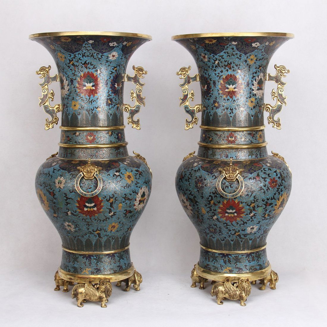 PAIR OF LARGE CHINESE CLOISONNE DRAGON HANDLE GU VASES