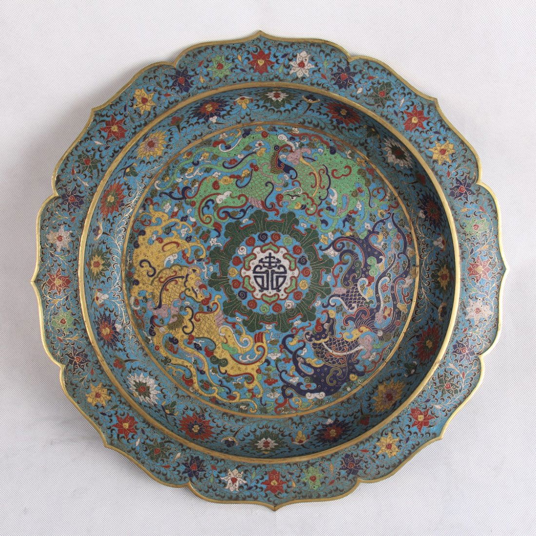 LARGE CHINESE CLOISONNE SUNFLOWER SHAPE CHARGER (1 of 7)