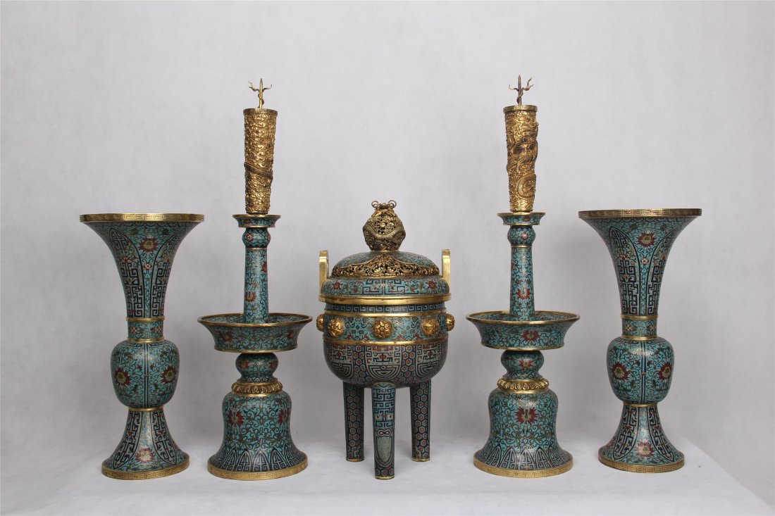 SET OF FIVE CHINESE CLOISONNE SACRIFICE VASES (1 of 8)