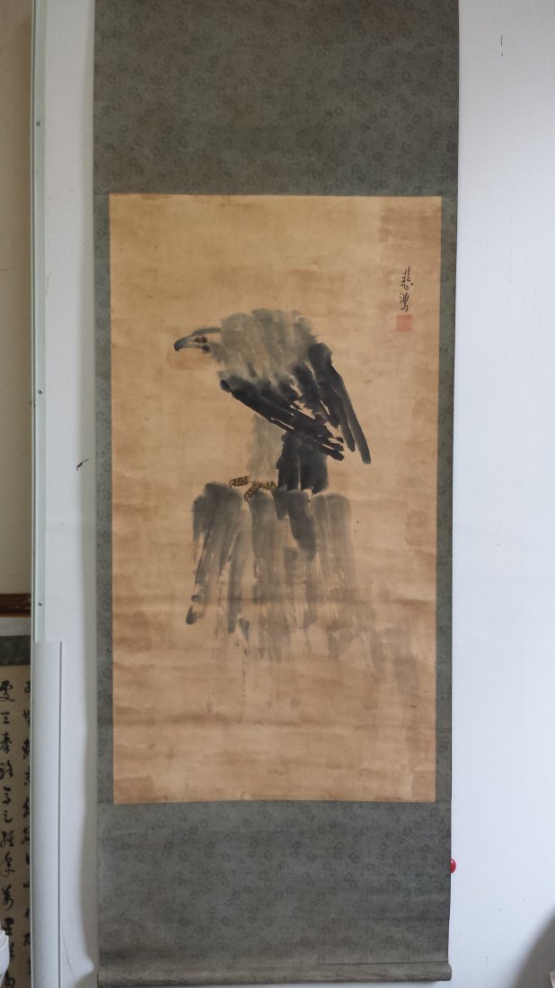 CHINESE SCROLL PAINTING OF EAGLE: CHINESE SCROLL PAINTING OF EAGLE. Signed and dated. Image size 97 cm by 52 cm. From a New York art collection. Domestic shipping 30 USD and Oversea shipping 60 USD. Combined shipping is available.