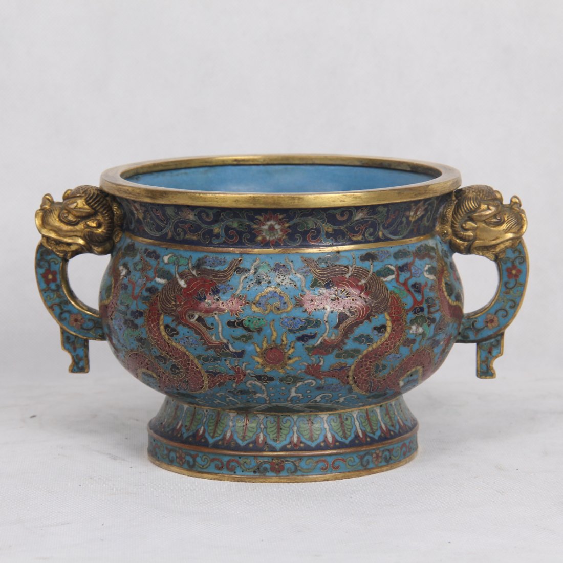 CHINESE CLOISONNE DRAGON HEAD HANDLED ROUND CENSER (1 of 7)