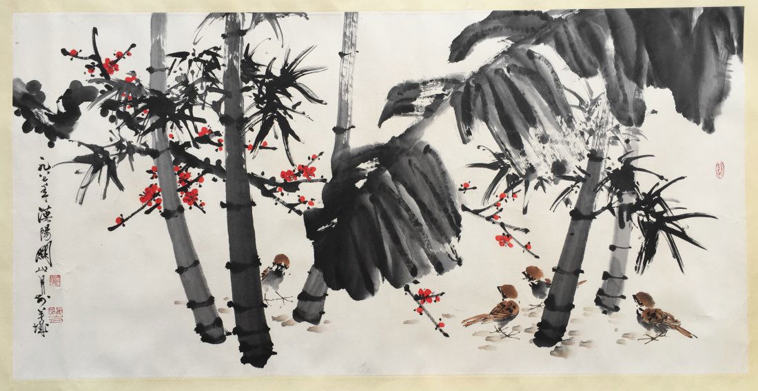 CHINESE SCROLL PAINTING OF SPARROW AND BAMBOO (1 of 6)