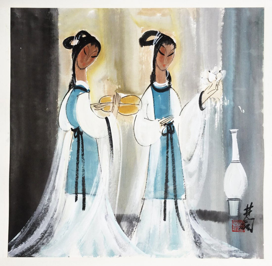 CHINESE SCROLL PAINTING OF TWO BEAUTIES (1 of 4)