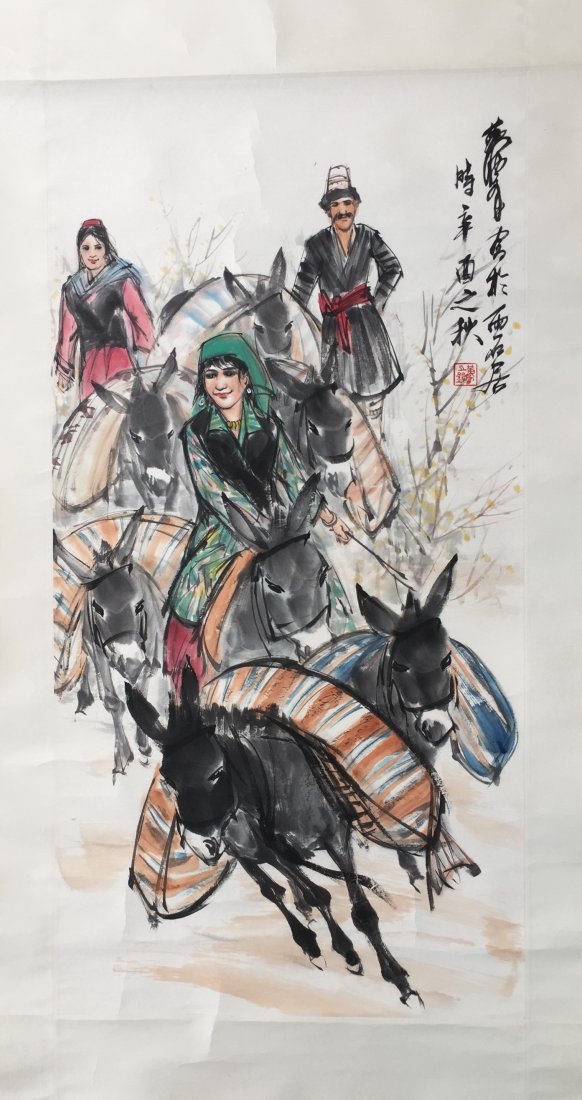 CHINESE SCROLL PAINTING OF GIRL AND DONKEYS: CHINESE SCROLL PAINTING OF GIRL AND DONKEYS. Signed and dated. Image size 97 cm by 50 cm. Domestic shipping $20 and oversea $40. Combined shipping avaliable.