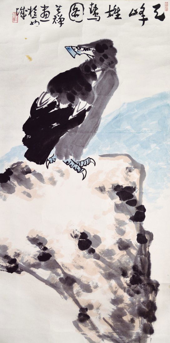 CHINESE SCROLL PAINTING OF EAGLE ON ROCK (1 of 5)