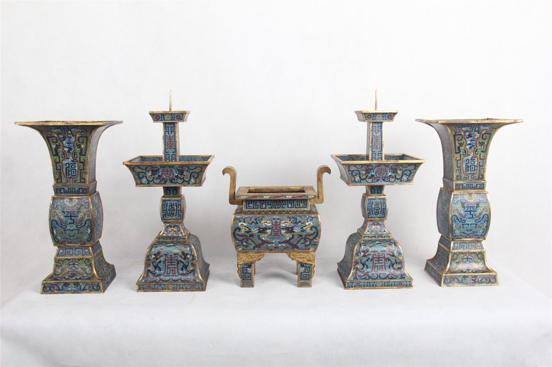 A SET OF FIVE CHINESE CLOISONNE CENSER CANDLE HOLDER (1 of 10)
