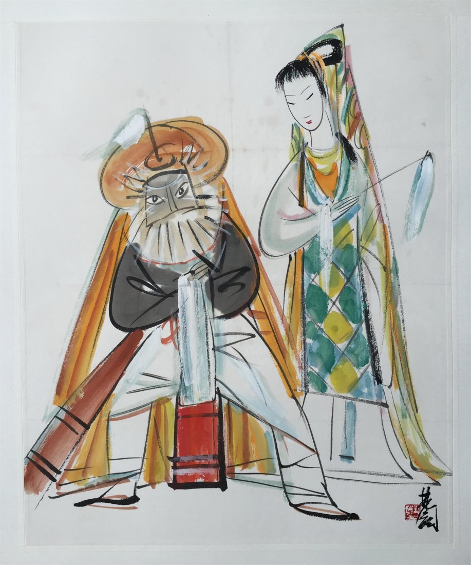 CHINESE SCROLL PAINTING OF LADY AND OLD MAN (1 of 4)