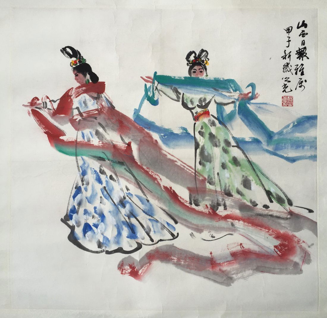 CHINESE SCROLL PAINTING OF TWO LADIES (1 of 3)