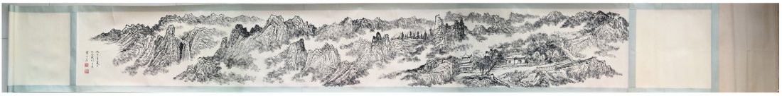 CHINESE HAND SCROLL PAINTING OF MOUNTAIN VIEWS: CHINESE HAND SCROLL PAINTING OF MOUNTAIN VIEWS. Signed and dated. Whole size 450 cm by 47 cm. Image only size 330 cm by 47 cm. Domestic shipping $20 and oversea $40. Combined shipping availabe.