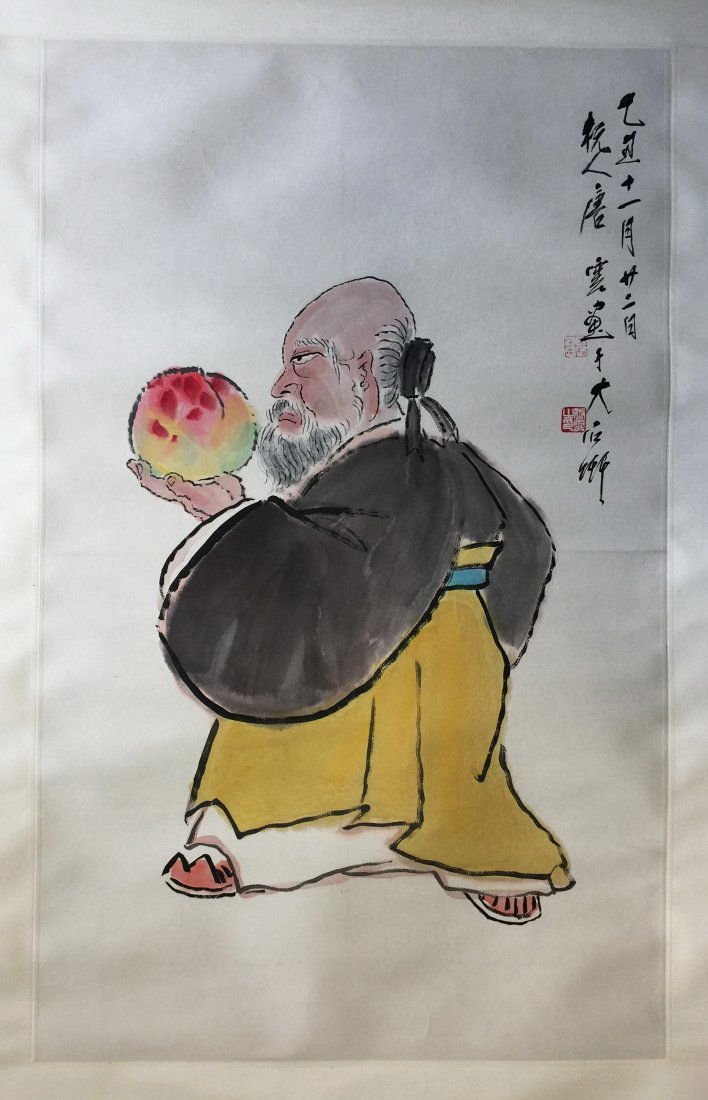 CHINESE SCROLL PAINTING OF OLD MAND WITH PEACH: CHINESE SCROLL PAINTING OF OLD MAND WITH PEACH. Signed and dated. Image only size 89 cm by 55 cm. Domestic shipping $20 and oversea $40. Combined shipping availabe.