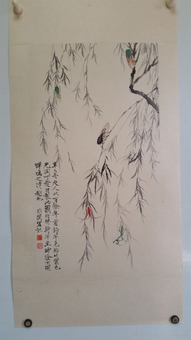 CHINESE SCROLL PAINTING OF INSECT ON WILLOW: CHINESE SCROLL PAINTING OF INSECT ON WILLOW. Signed and dated. Image only size 61 cm by 34 cm. Domestic shipping $20 and oversea $40. Combined shipping avialable.