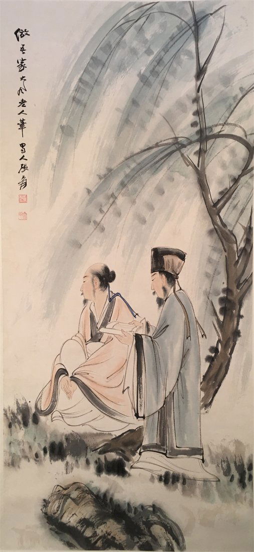 CHINESE SCROLL PAINTING OF TWO OLD MEN UNDER TREE (1 of 4)