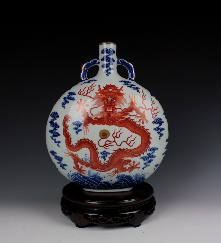 CHINESE PORCELAIN BLUE AND WHITE IRON RED DRAGON (1 of 5)