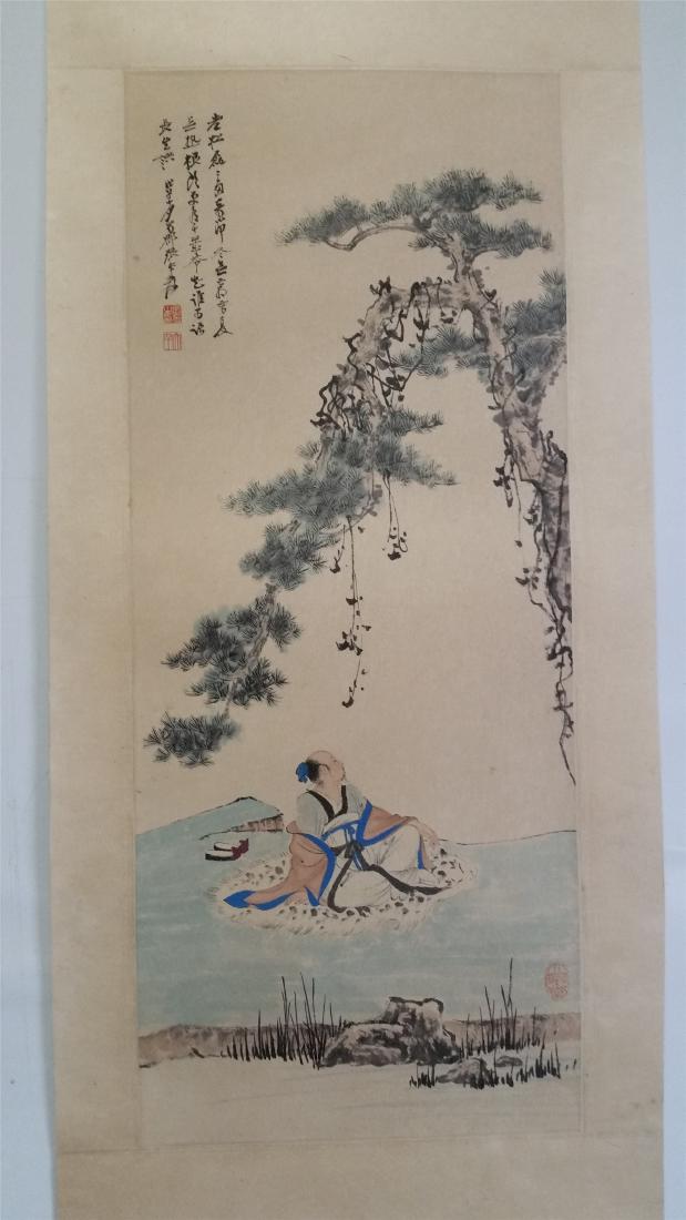 CHINESE SCROLL PAINTING OF MAN UNDER PINE: CHINESE SCROLL PAINTING OF MAN UNDER PINE. Signed and dated. Image only size 84 cm by 34 cm. Domestic shipping $20 and oversea $40. Combined shipping avaliable.