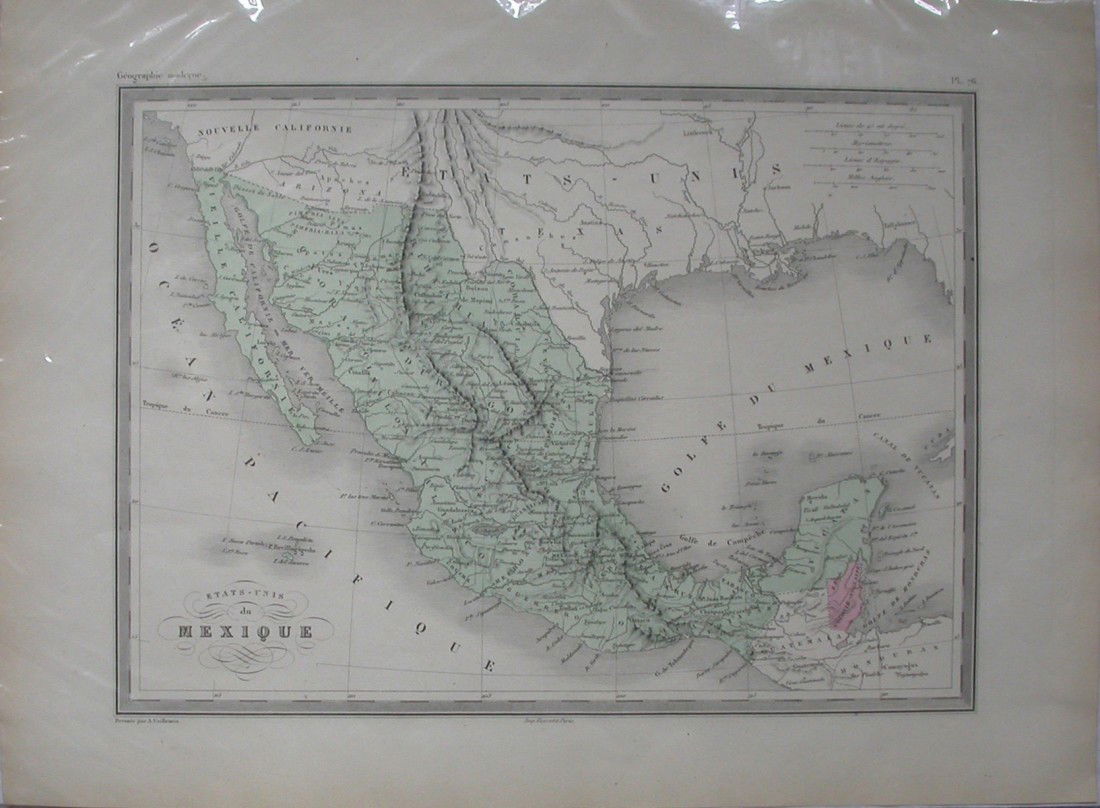 Etats-Unis du Mexique: Etats-Unis du Mexique, Malte-Brun, 1868. An attractively colored world atlas map of Mexico showing political and physical features with Indian tribes noted. The mapping seems a bit dated, probably rev