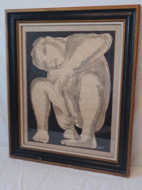 Onni Saari Man Playing Clarinet Painting On Paper c1970: 23x18 frame measures 31.5" x 26.5". Paper has a rip at the knee. This item is not eligible for in-house shipping.