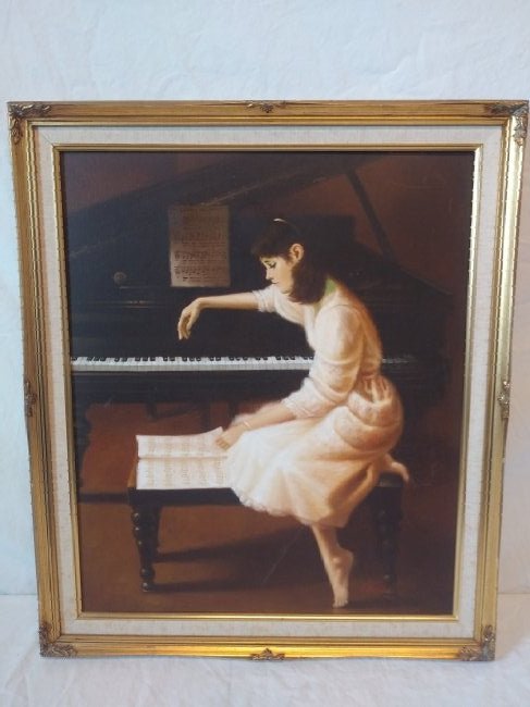 Girl Playing Piano Oil Painting on canvas: Canvas measures 24x20 and frame measures 28x24. This item is not eligible for in-house shipping.