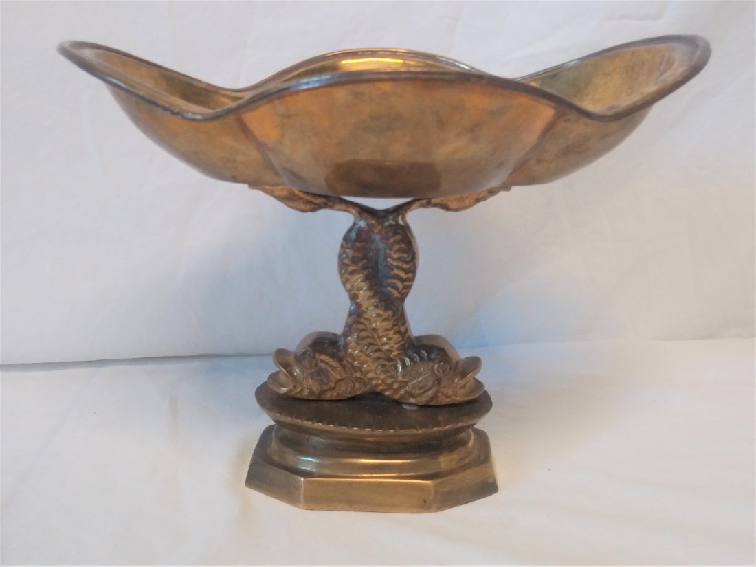 Brass French Dolphin Pedestal Candy Dish: 8"H x 11"L x 9"W. This item is eligible for in-house shipping.