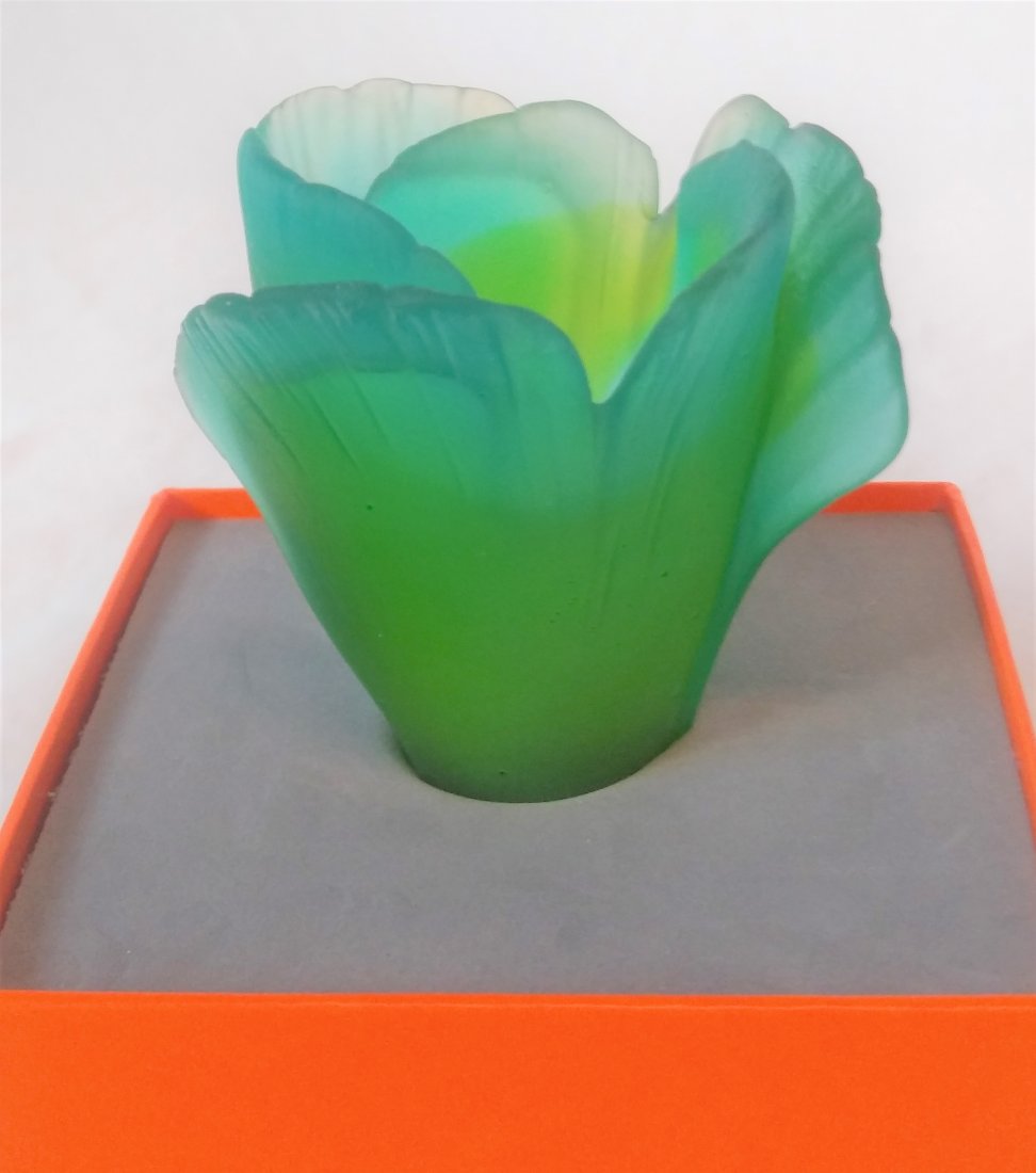 Green Daum Crystal Rose: 2.75" high. This item is eligible for in-house shipping.