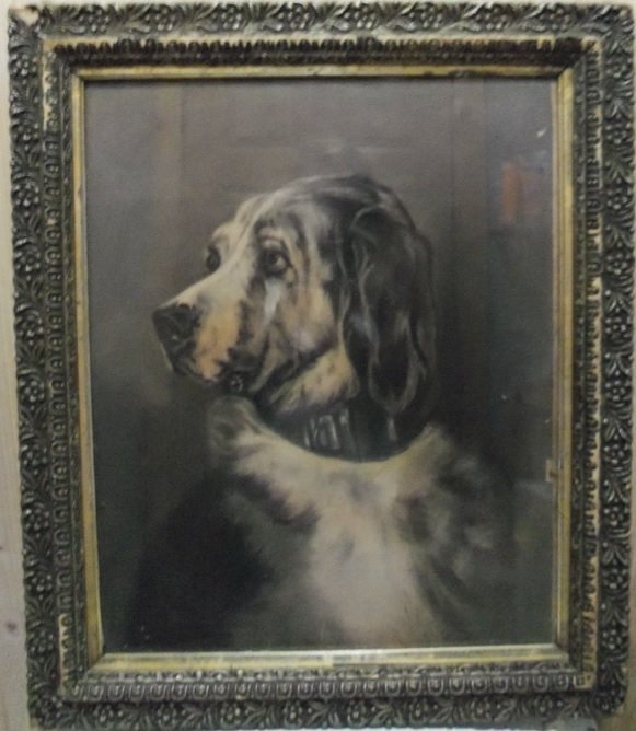 Auguste Allonge, (1833 – 1898) Charcoal: Attributed to Auguste Allonge, (1833 – 1898) Charcoal Expressionism of a Dog. The dog looks to be either a setter or spaniel. The drawing is coming framed with a very old solid wooden frame. The art